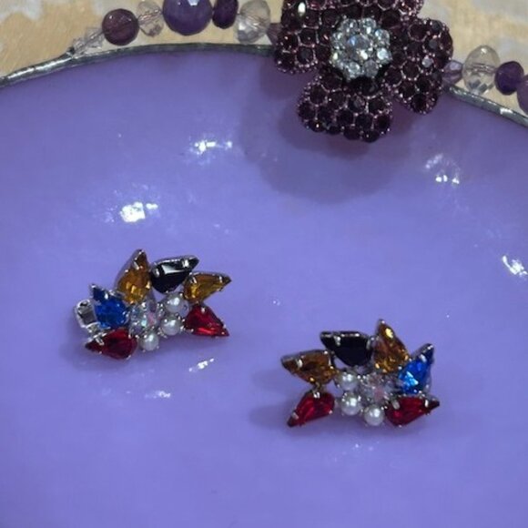 B.DAVID Multi-Color AB Rhinestone Pearl EARRINGS - Picture 3 of 8